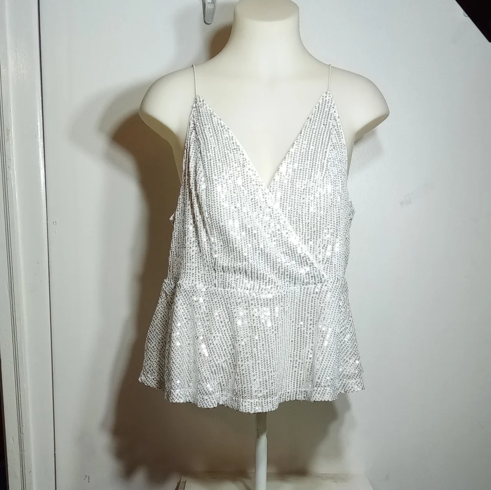Shein Curve Silver Sequin Overlap Collar Peplum Hem Cami Top Sz XL - Picture 6 of 9